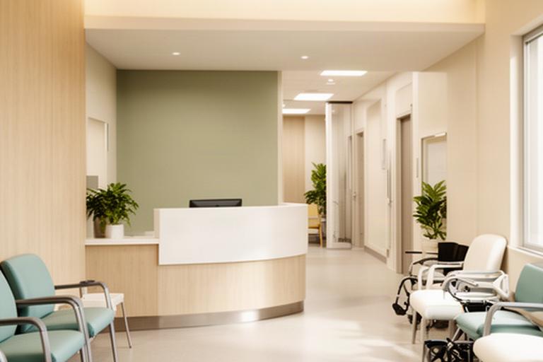 Calm clinic reception and waiting area with a welcoming check-in counter, accessible seating and clear sightlines