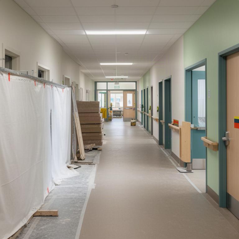 Community facility corridor prepared for phased renovation with a separated work area and an unobstructed route to active program rooms